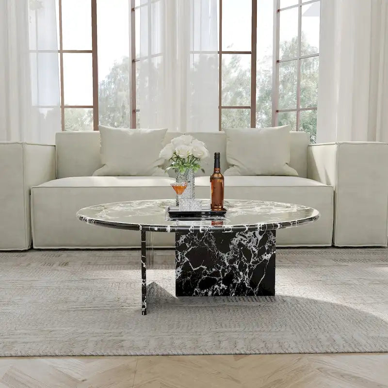 Table basse ronde moderne, plateau en faux marbre brillant