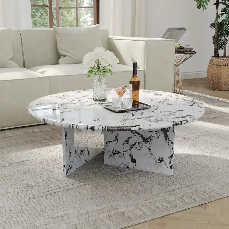 Table basse ronde moderne, plateau en faux marbre brillant