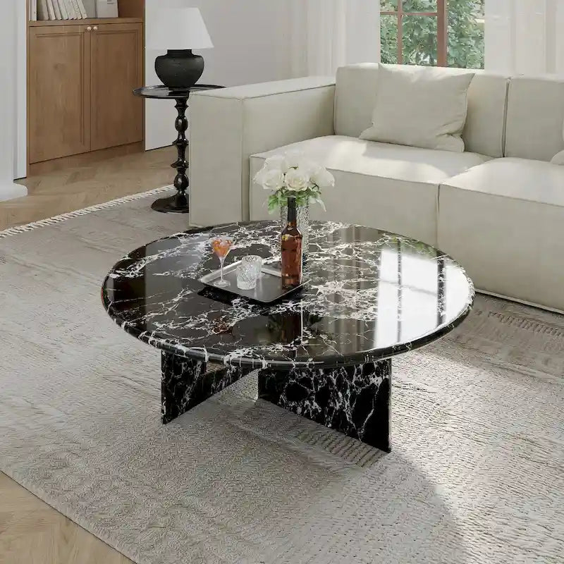 Table basse ronde moderne, plateau en faux marbre brillant