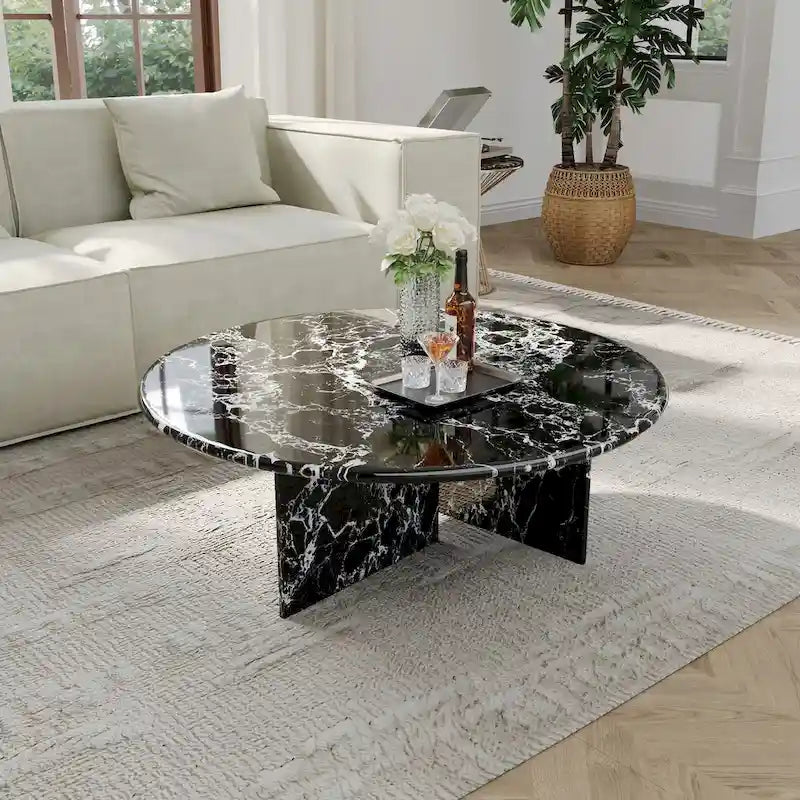 Table basse ronde moderne, plateau en faux marbre brillant