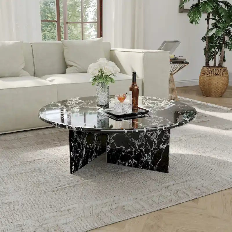 Table basse ronde moderne, plateau en faux marbre brillant