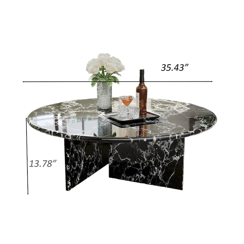 Table basse ronde moderne, plateau en faux marbre brillant