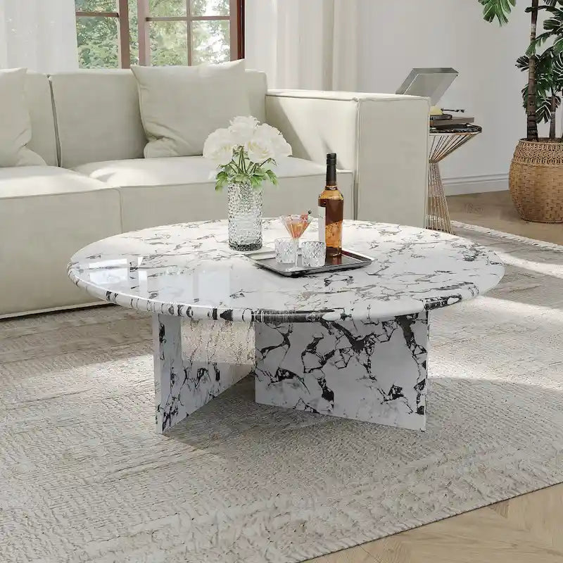 Table basse ronde moderne, plateau en faux marbre brillant