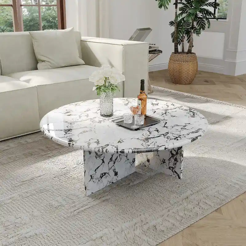 Table basse ronde moderne, plateau en faux marbre brillant