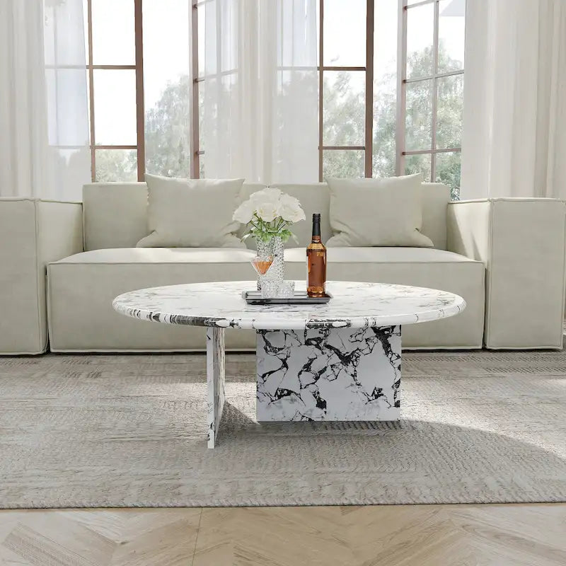 Table basse ronde moderne, plateau en faux marbre brillant