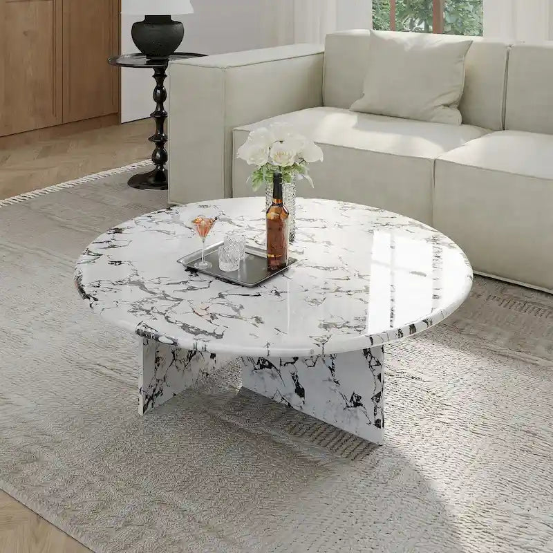 Table basse ronde moderne, plateau en faux marbre brillant