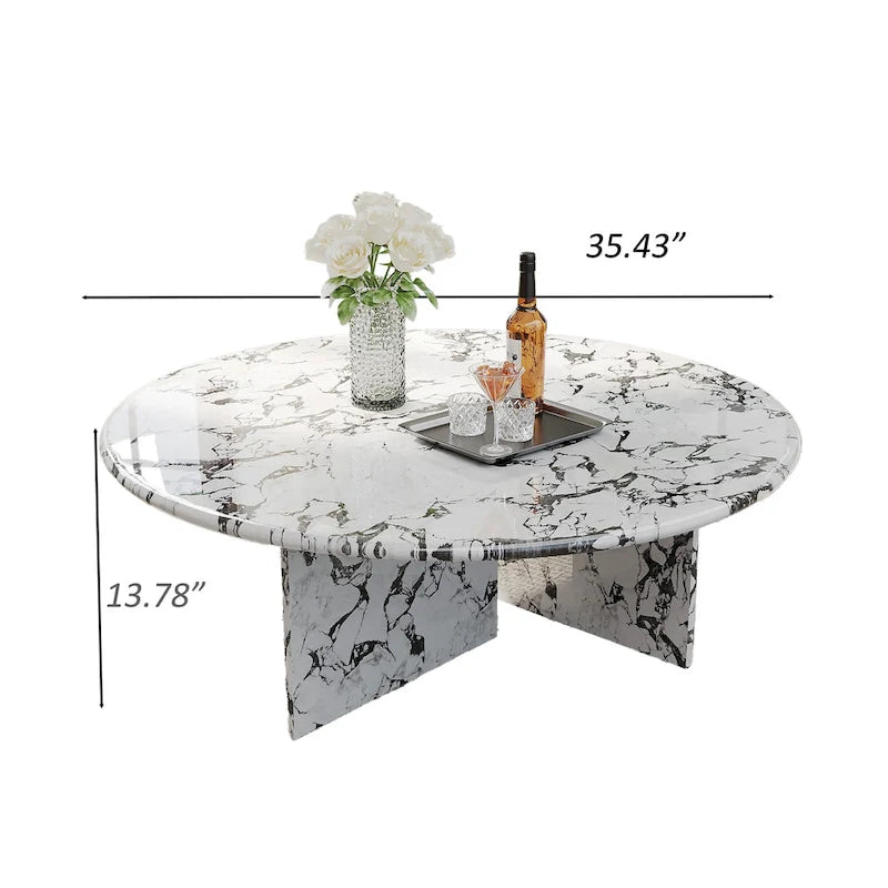 Table basse ronde moderne, plateau en faux marbre brillant