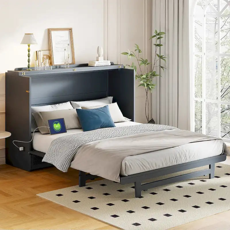 Lit escamotable avec grand tiroir, ports USB et prises de courant
