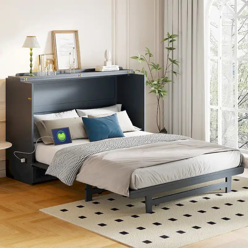 Lit escamotable avec grand tiroir, ports USB et prises de courant