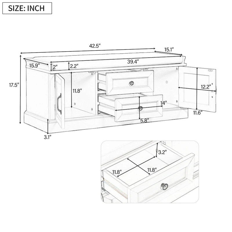 Banc de rangement moderne Tiroirs de rangement Portes d'armoire