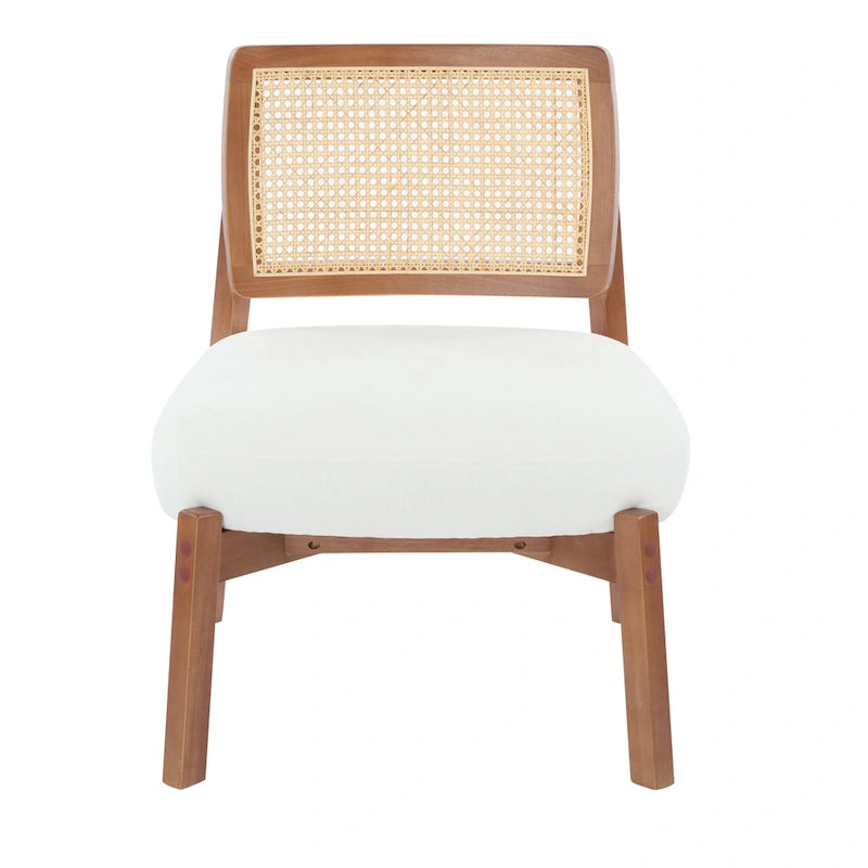 Fauteuil moderne beige avec dossier tissé, cadre en bois robuste