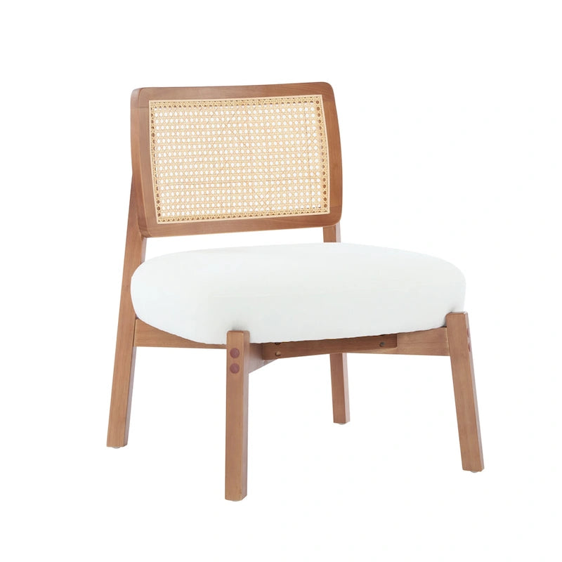 Fauteuil moderne beige avec dossier tissé, cadre en bois robuste