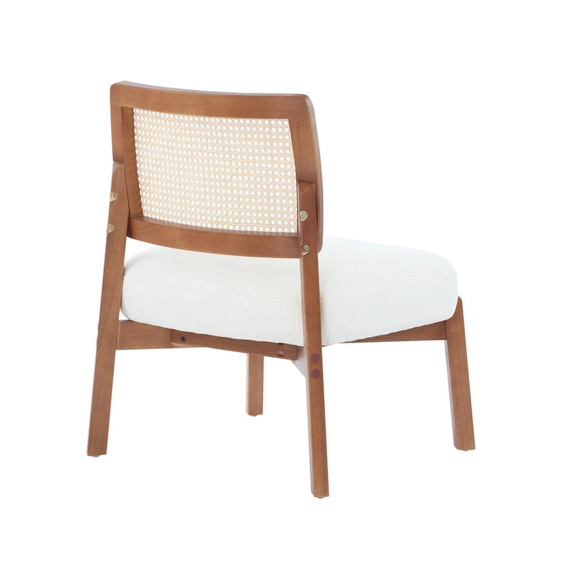 Fauteuil moderne beige avec dossier tissé, cadre en bois robuste