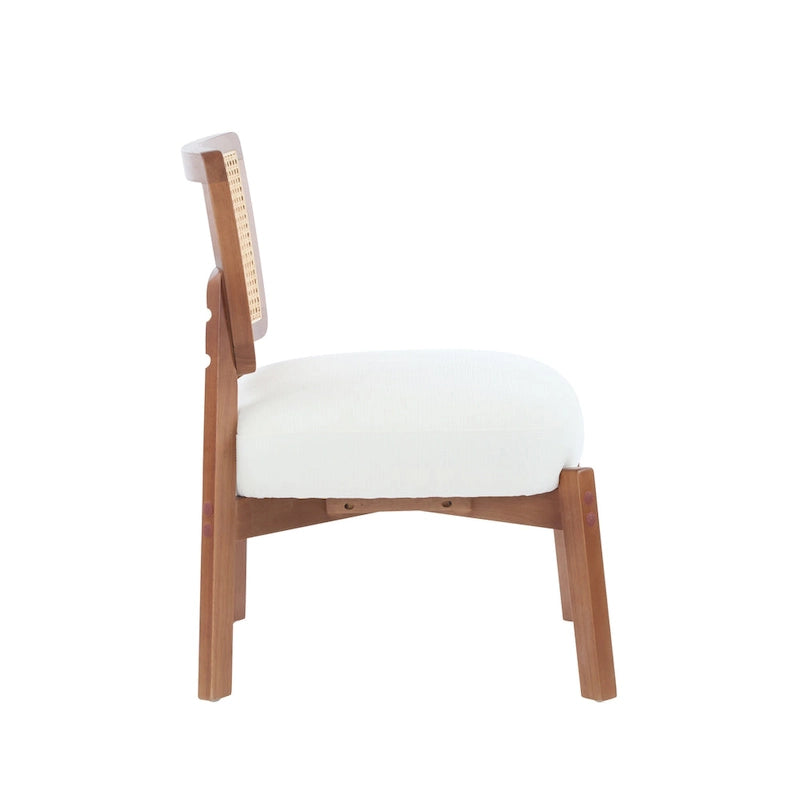 Fauteuil moderne beige avec dossier tissé, cadre en bois robuste