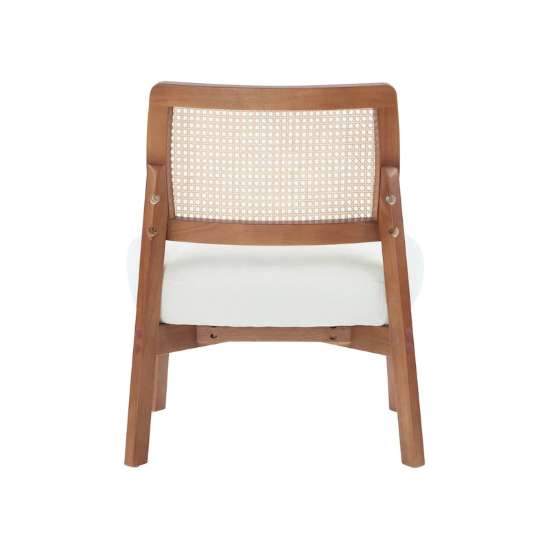 Fauteuil moderne beige avec dossier tissé, cadre en bois robuste
