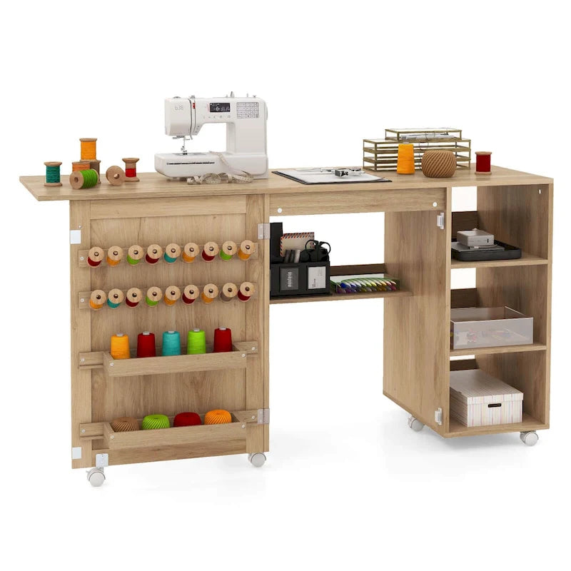 Table de machine à coudre en rotin avec porte en rotin, 18 chevilles de rangement