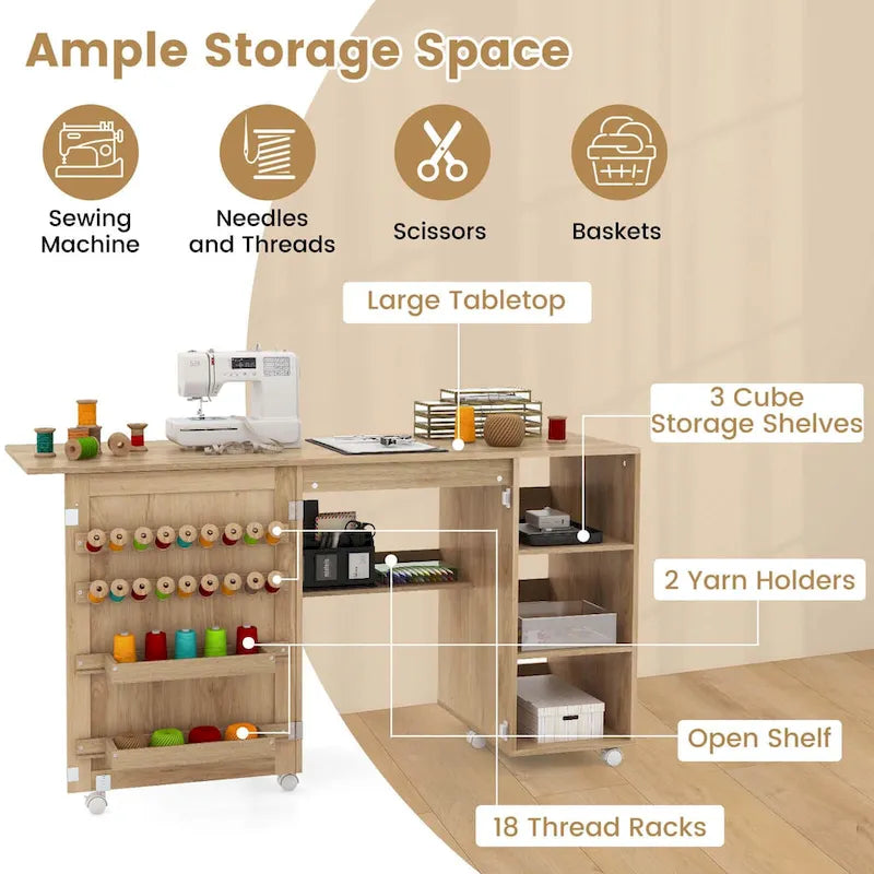 Table de machine à coudre en rotin avec porte en rotin, 18 chevilles de rangement