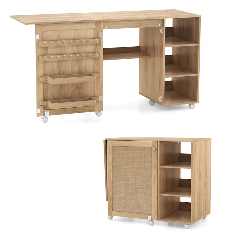 Table de machine à coudre en rotin avec porte en rotin, 18 chevilles de rangement