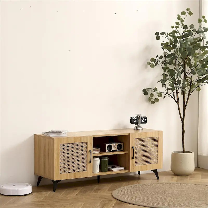 Meuble TV en Chêne et Rotin, Meuble de Rangement, Centre de Divertissement