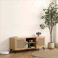 Meuble TV en Chêne et Rotin, Meuble de Rangement, Centre de Divertissement