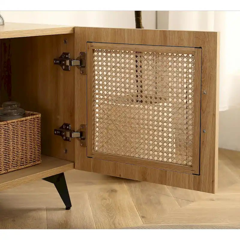 Meuble TV en Chêne et Rotin, Meuble de Rangement, Centre de Divertissement