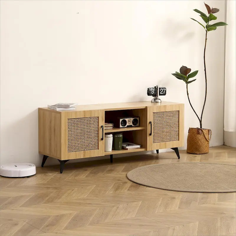 Meuble TV en Chêne et Rotin, Meuble de Rangement, Centre de Divertissement