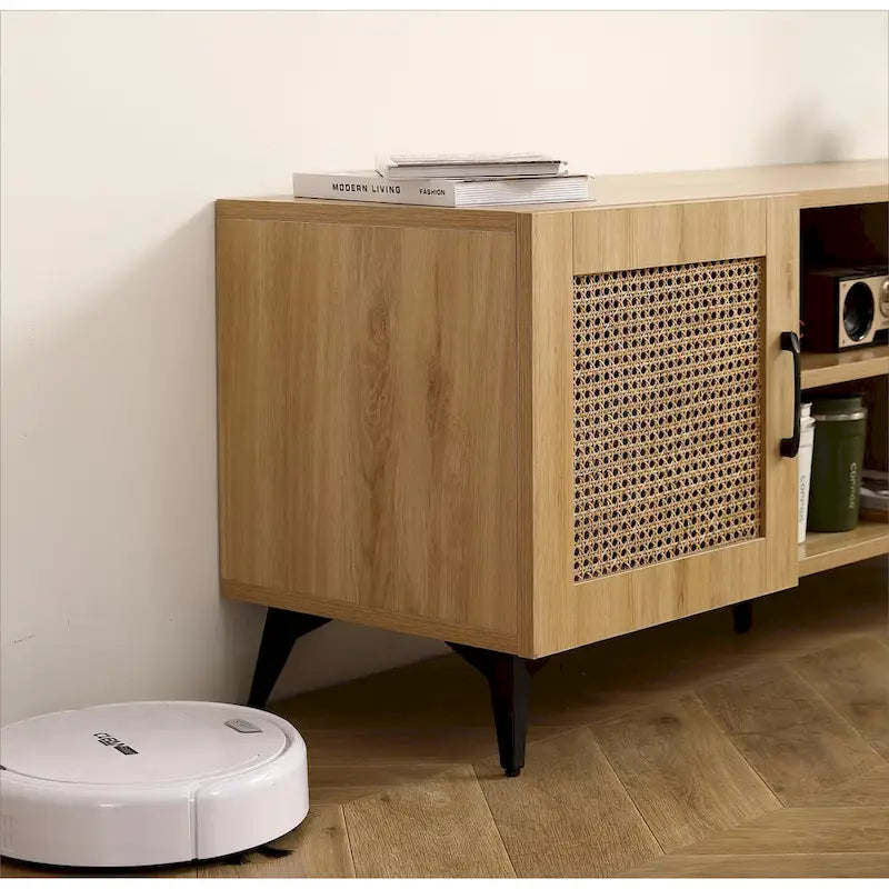 Meuble TV en Chêne et Rotin, Meuble de Rangement, Centre de Divertissement