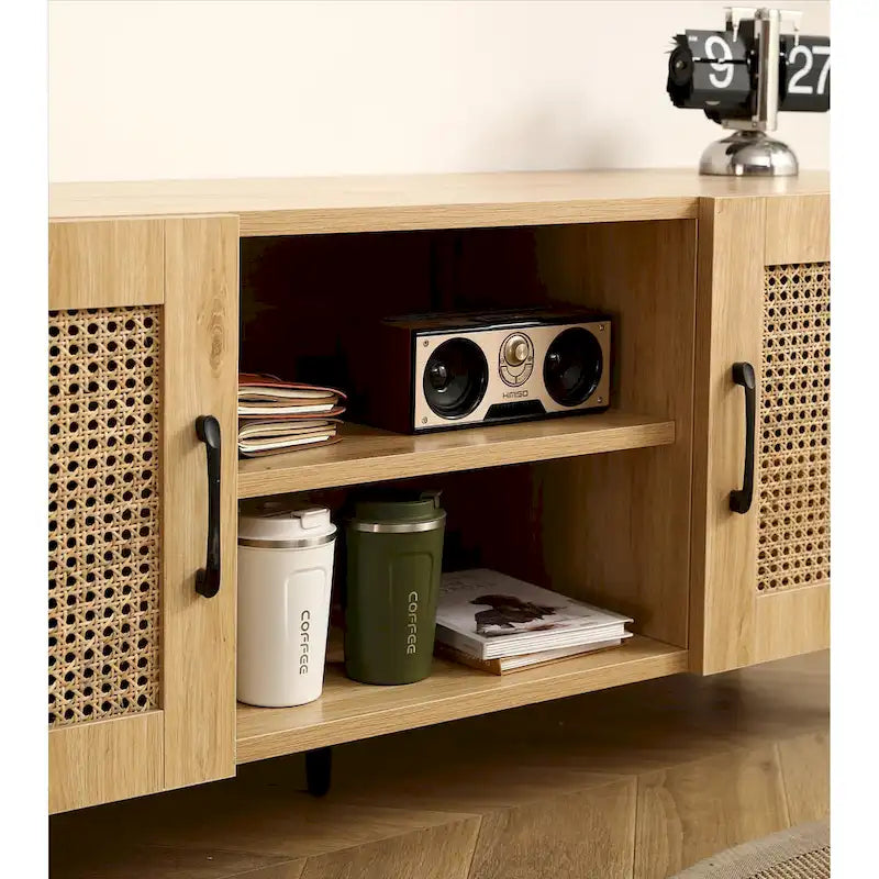 Meuble TV en Chêne et Rotin, Meuble de Rangement, Centre de Divertissement