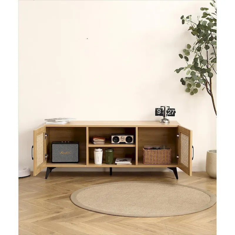 Meuble TV en Chêne et Rotin, Meuble de Rangement, Centre de Divertissement