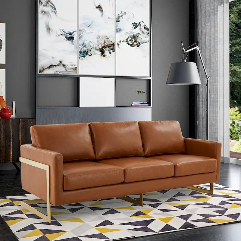 Canapé moderne en cuir tapissé avec cadre doré