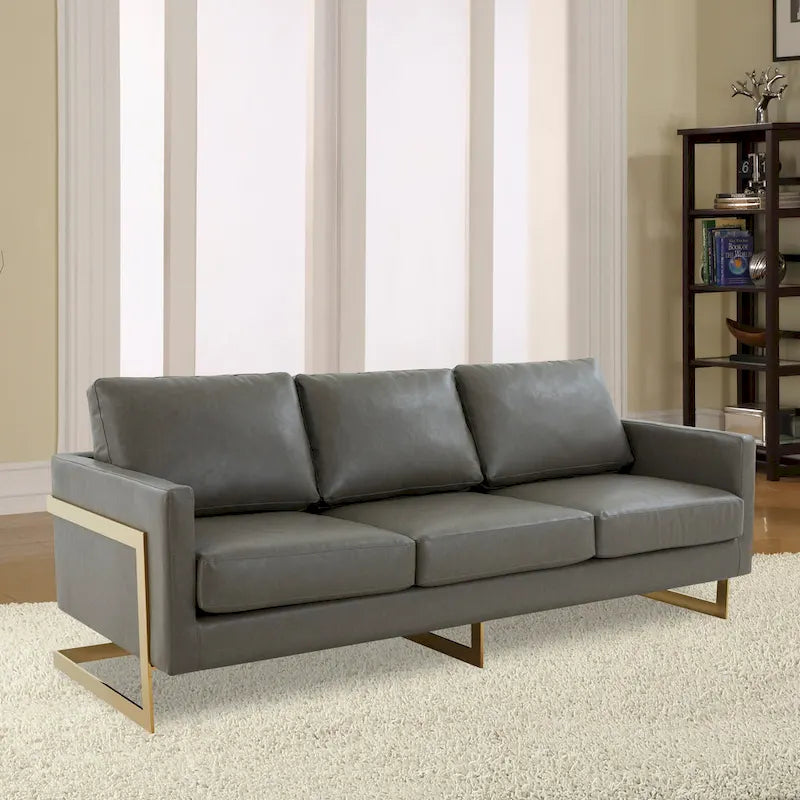 Canapé moderne en cuir tapissé avec cadre doré