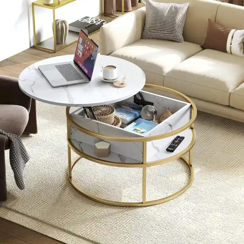 Table basse relevable ronde, plateau marbré blanc et piètement doré