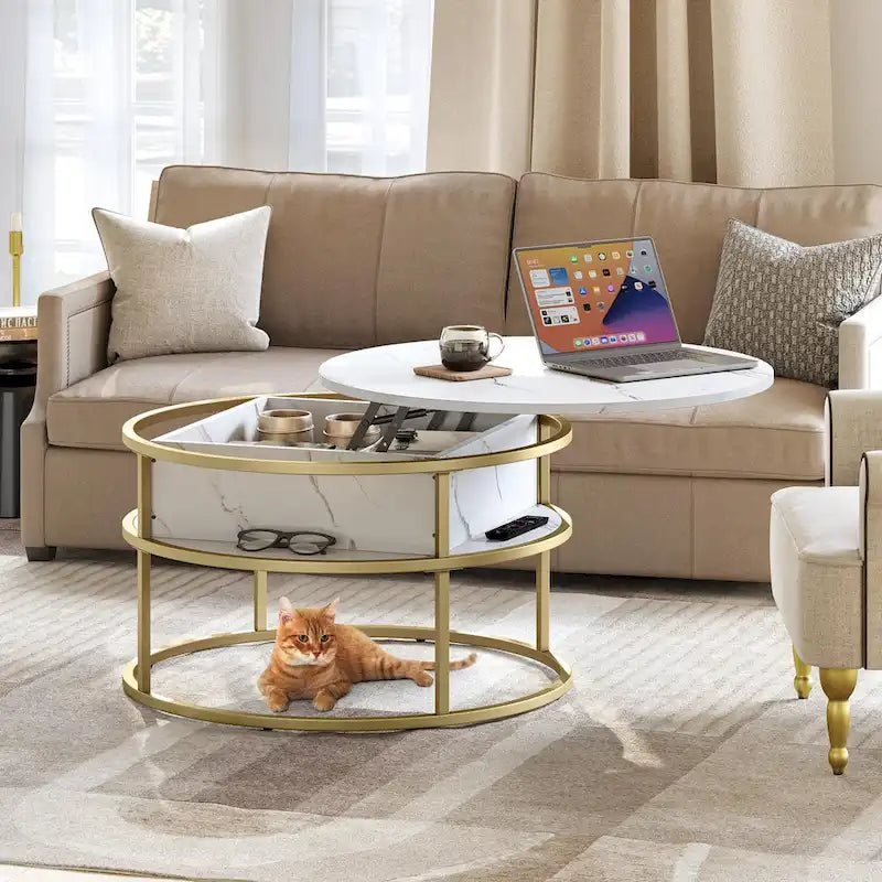 Table basse relevable ronde, plateau marbré blanc et piètement doré