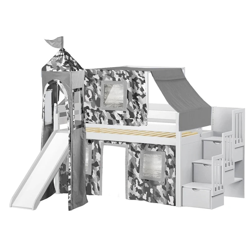Lit mezzanine bas Prince Princesse avec escalier, toboggan et tente