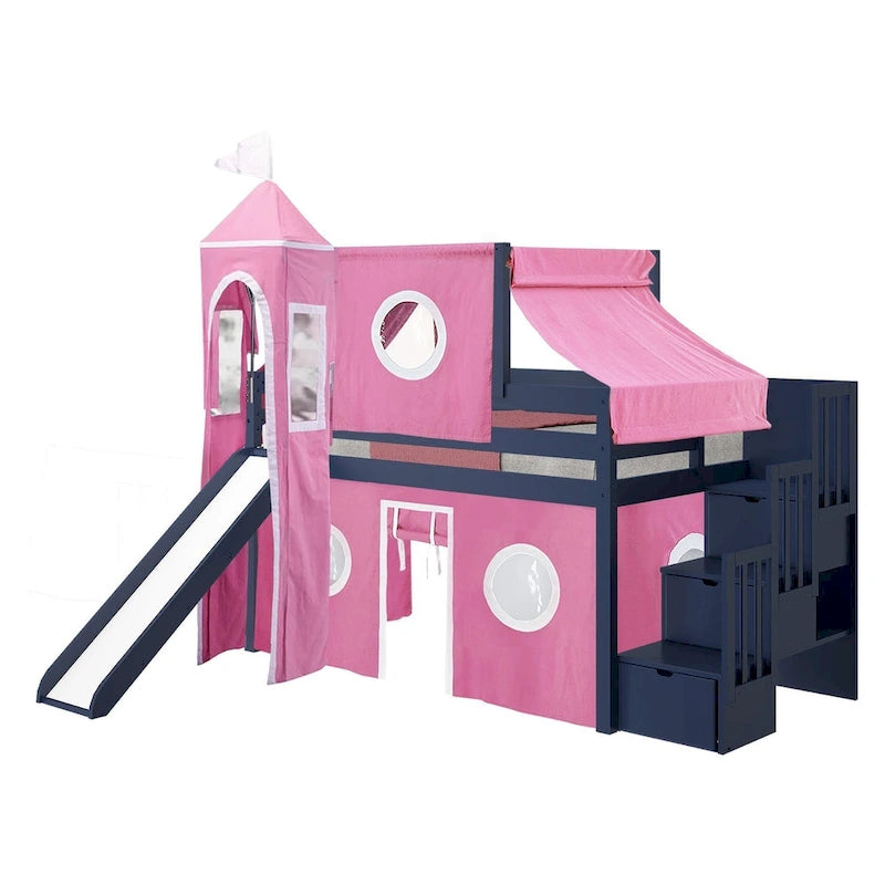 Lit mezzanine bas Prince Princesse avec escalier, toboggan et tente
