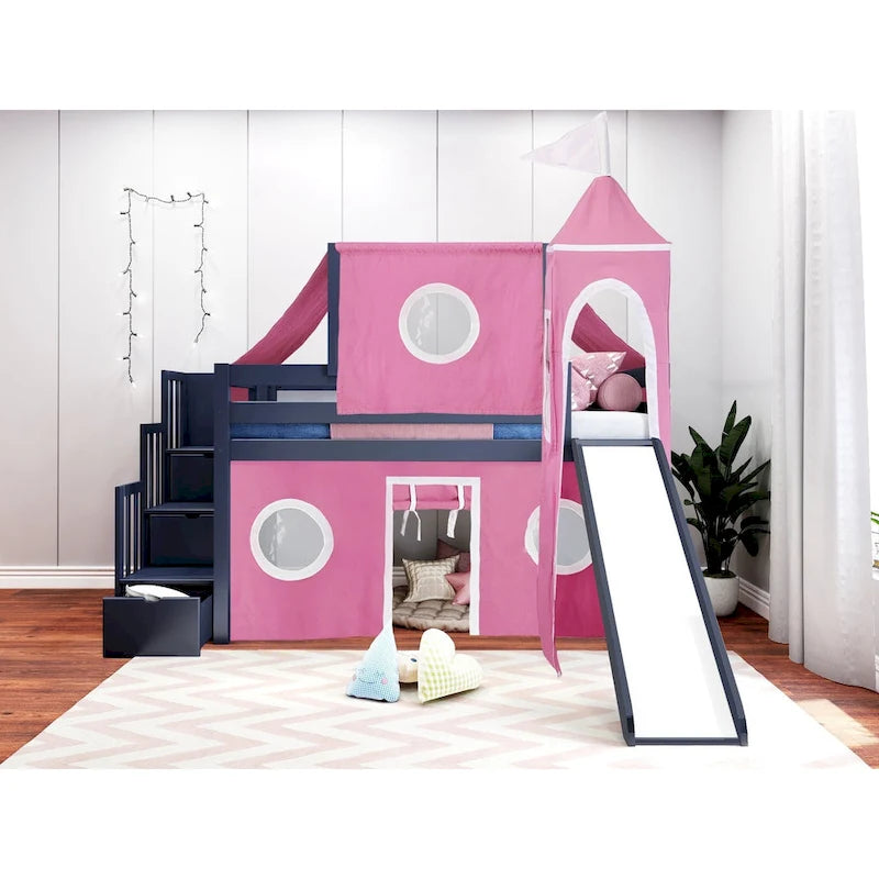 Lit mezzanine bas Prince Princesse avec escalier, toboggan et tente
