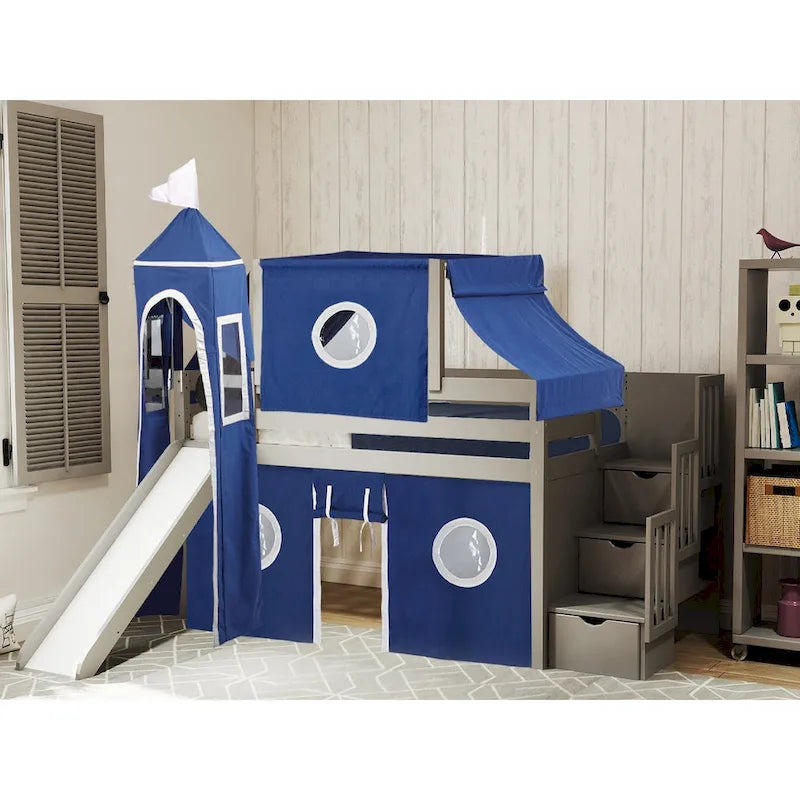 Lit mezzanine bas Prince Princesse avec escalier, toboggan et tente