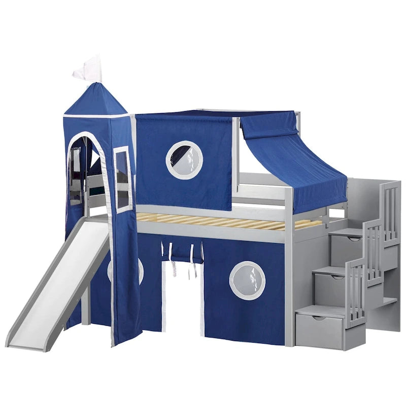 Lit mezzanine bas Prince Princesse avec escalier, toboggan et tente