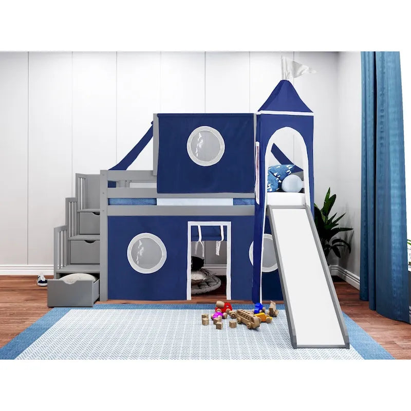 Lit mezzanine bas Prince Princesse avec escalier, toboggan et tente
