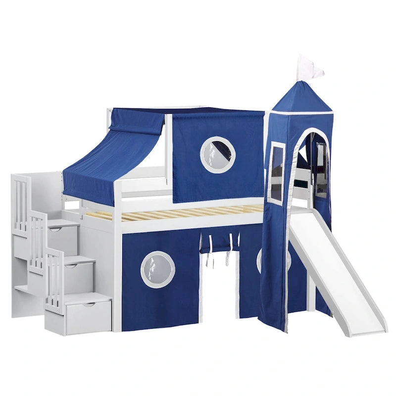 Lit mezzanine bas Prince Princesse avec escalier, toboggan et tente