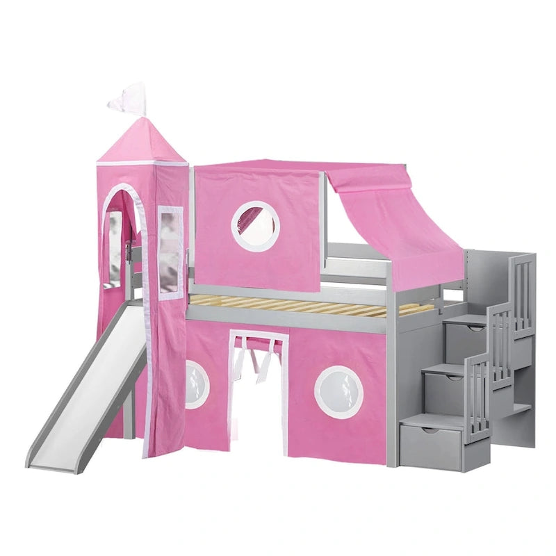 Lit mezzanine bas Prince Princesse avec escalier, toboggan et tente