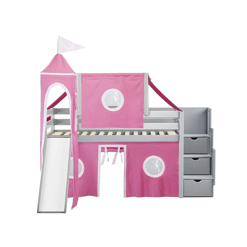 Lit mezzanine bas Prince Princesse avec escalier, toboggan et tente