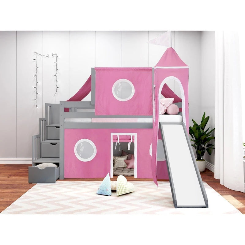 Lit mezzanine bas Prince Princesse avec escalier, toboggan et tente