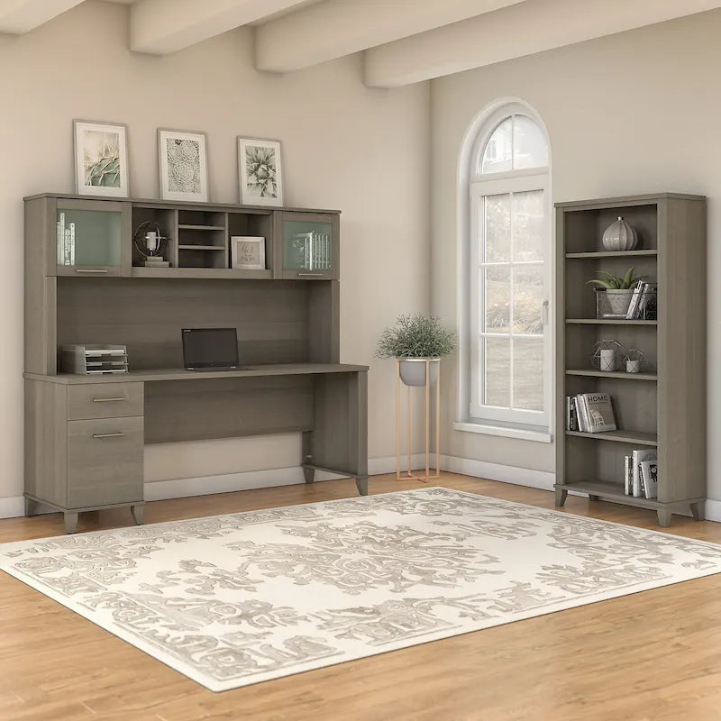 Bureau avec huche et bibliothèque à 5 étagères