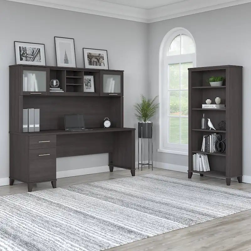 Bureau avec huche et bibliothèque à 5 étagères