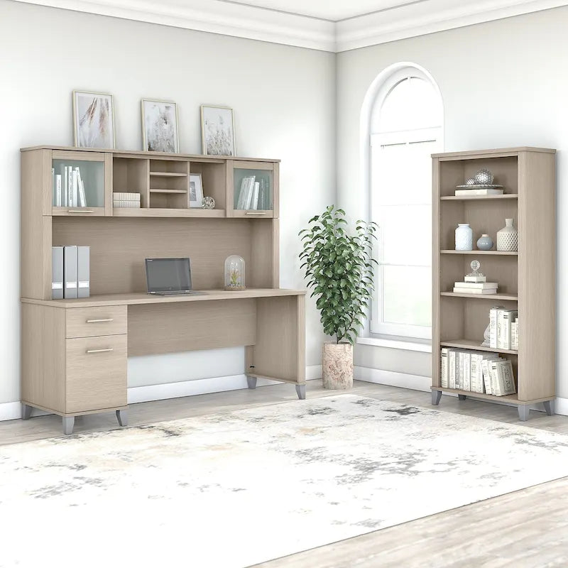 Bureau avec huche et bibliothèque à 5 étagères