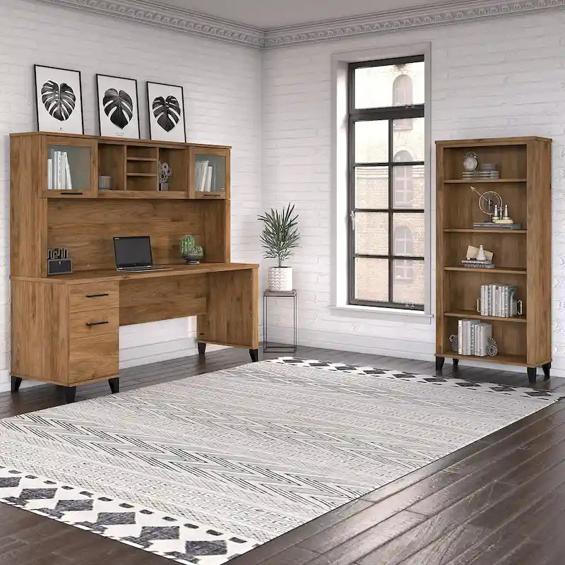 Bureau avec huche et bibliothèque à 5 étagères