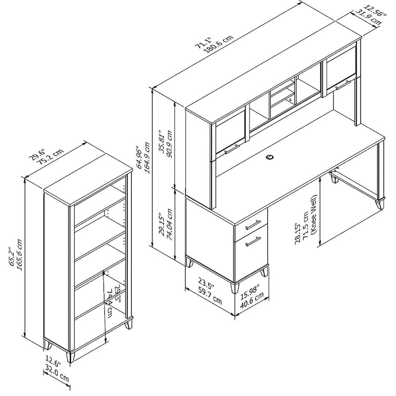 Bureau avec huche et bibliothèque à 5 étagères