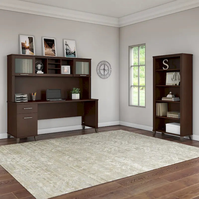 Bureau avec huche et bibliothèque à 5 étagères
