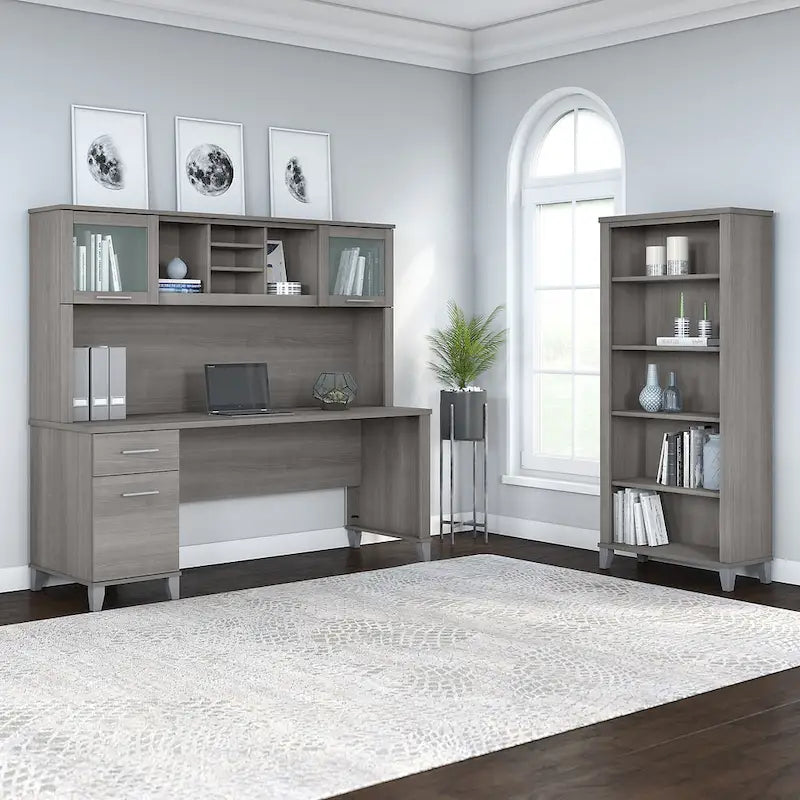 Bureau avec huche et bibliothèque à 5 étagères